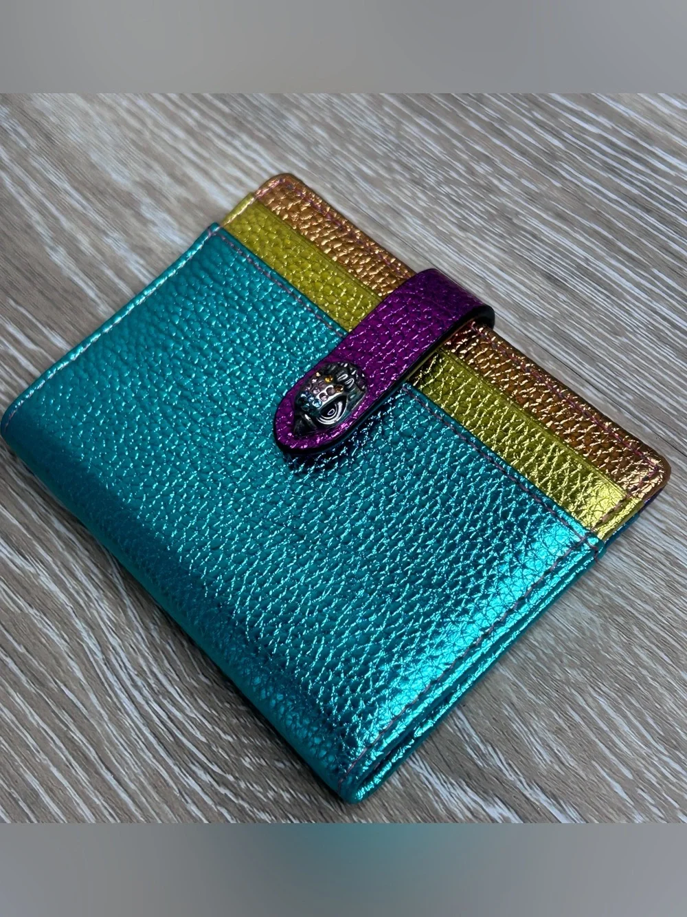 Kurt Geiger Metallic Rainbow Leather Pouch & Wallet Set - Teal, Purple, Gold